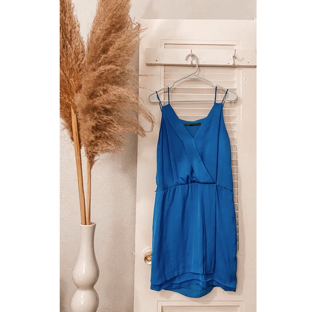 Zara Blue Polka-Dot Silky V-neck mini